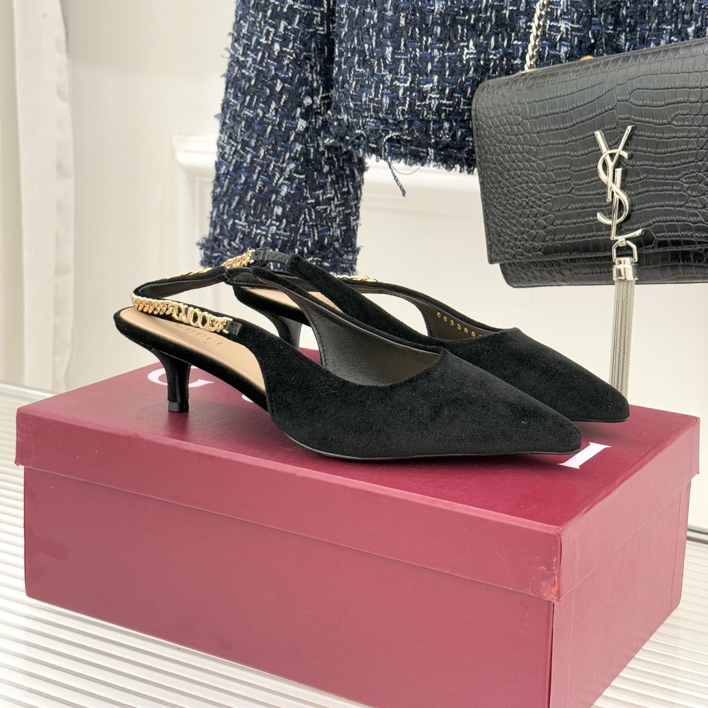 구찌 스웨이드 슬링백 미들힐 / 하이힐 2가지 굽